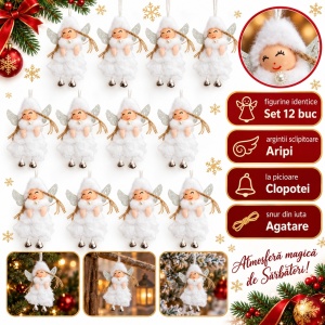 Set 12 buc Ornament de brad figurina inger, blanita si voal, 11x6 cm