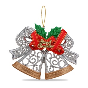 Set 12 Clopoței decorativi de Crăciun cu fundiță, ornament brad, 3 culori, plastic