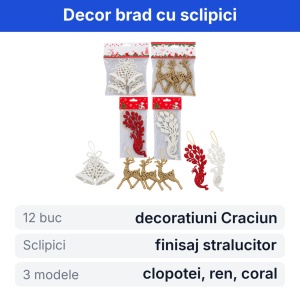 Set 12 decoratiuni de Craciun cu sclipici pentru brad, diverse modele, dimensiuni intre 7-10cm - Img 2