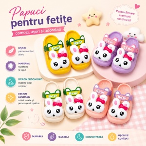 Set 12 Perechi Papuci Copii – Mix Culori, Mărimi 18/19-22/23, Design Adorabil cu Iepuraș