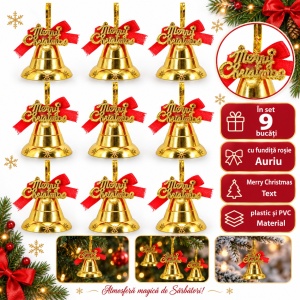 Set 9 buc Clopoței aurii de brad, fundiță roșie, plastic și PVC, 3,5 cm, aprox. 5,5×5,5 cm - Img 6