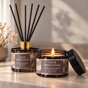 Set cadou lumânare parfumată și difuzor cu bețișoare, parfum cedru și santal, 20 × 14 cm - Img 5