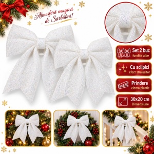 Set de 2 buc Cu Fundițe decorative de Crăciun albe cu sclipici, prindere plastic, 30x20 cm - Img 5