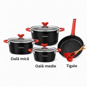 Set tigăi și oale cu înveliș granit antiaderent, capace sticlă, 7 piese, Negru - Img 2