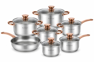 Set tigăi și oale din inox cu capace din sticlă, 10 piese, compatibil inducție, Argintiu cu bronze - Img 2