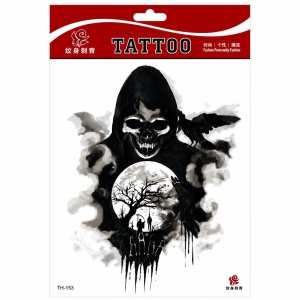 Tatuaj Temporar Semipermanent Grim Reaper cu Craniu și Corb – 20 cm, Rezistent la Apă