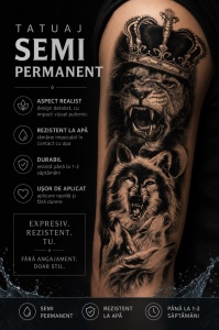 Tatuaj Temporar Semipermanent Leu și Lupi Realistici 45 cm – Rezistent la Apă - Img 2