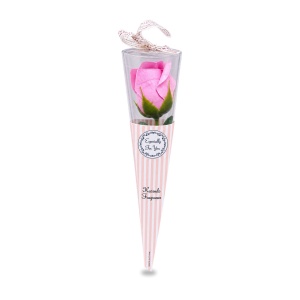 Trandafir roz artificial, in cutie cadou transparentă cu funda, 25cm - Img 2