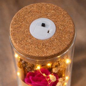 Trandafir roz inchis de săpun în cupolă de sticlă cu lumini LED, buton ON/OFF, 25 cm - Img 5