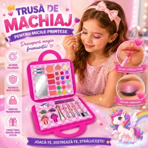 Trusă de Machiaj Unicorn pentru Copii, 24 Piese – Set Machiaj cu Oglindă, Pensule și Accesorii - Img 4