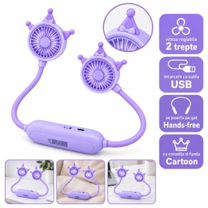 Ventilator de gât portabil cu 2 trepte de viteză, model cartoon cu coroniță, mov