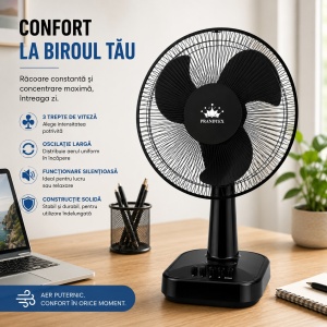 Ventilator de masa 16 inch 40cm, 3 viteze, oscilatie, silentios, 60W, Negru - Img 2
