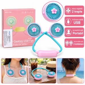 Ventilator pentru gât portabil, 2 trepte de viteză, USB, roz și turcoaz