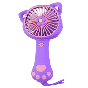 Ventilator portabil pentru copii, reincarcabil USB, 3 trepte viteza, design pisica, mov