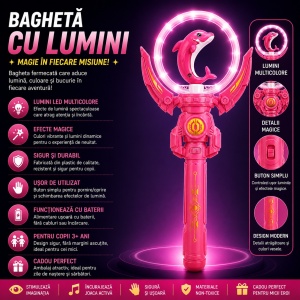 Baghetă magică cu lumini LED, delfin roz 36 cm – jucărie copii cu efecte luminoase multicolore - Img 3