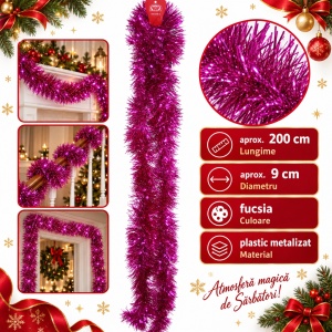 Beteală brad de Crăciun, fucsia, plastic metalizat, diametru 9 cm, lungime 2 m