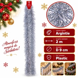 Beteala de Craciun pentru brad, argintie, din PVC, diametru 9 cm, lungime 2 m - Img 5