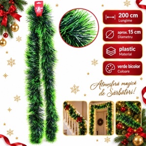 Beteală de Crăciun pentru brad, verde bicolor, plastic, lungime 200 cm, diametru 15 cm - Img 5