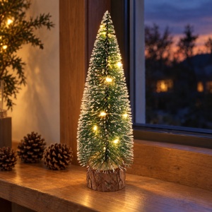 Brad decorativ de Crăciun cu LED, brăduț de masă pe bază din lemn, 15 cm - Img 3