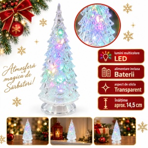 Brad decorativ luminos de Crăciun cu LED multicolor, alimentare baterii, plastic tip sticlă, 13,5 cm