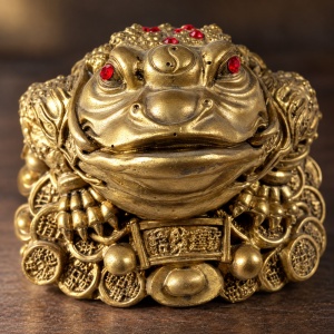 Broasca norocoasa feng shui din ceramica, pe monede chinezesti, auriu, 7 cm - Img 4