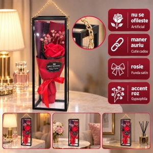 Buchet decorativ cu trandafir artificial roșu, în cutie cadou cu mâner auriu - Img 6