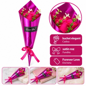 Buchet decorativ cu trandafir fucsia din sapun, cu funda satinata, 35 cm