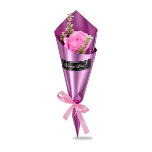 Buchet decorativ cu trandafir roz din sapun, cu funda satinata, 35 cm - Img 2