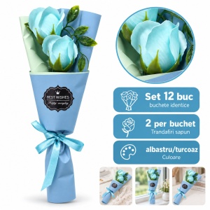 Buchet decorativ cu trandafiri albastri, set cadou albastru, 25 cm