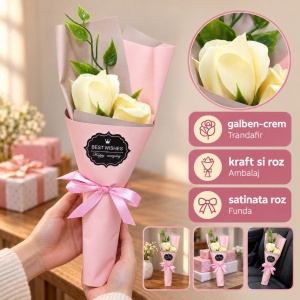 Buchet decorativ cu trandafiri galbeni, set cadou roz, 25 cm