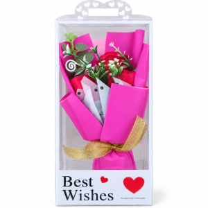 Buchet decorativ cu trandafiri roșii, buchet roz cu fundă aurie, în cutie cadou, 25cm - Img 4