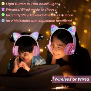 Căști wireless cu urechi de pisică și lumini LED, design ergonomic, roz - Img 4