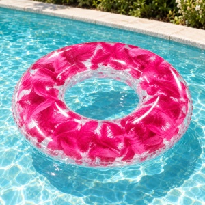 Colac Gonflabil Transparent cu Pene Fucsia, 80 cm – Plajă și Piscină - Img 6
