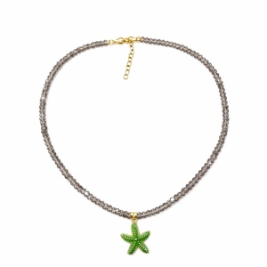 Colier Roxe de vara cu pietricele gri si pandantiv stea de mare verde, reglabil 40 cm