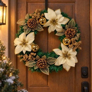 Coroniță de Crăciun artificială cu flori poinsettia, conuri și globuri aurii, 35x35 cm - Img 3