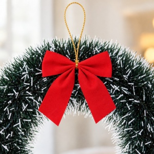 Coroniță de Crăciun din tinsel, verde cu vârfuri albe, fundiță roșie, 30 cm - Img 4