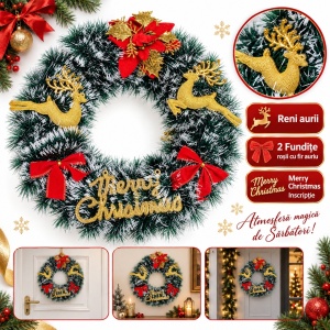 Coroniță decorativă de Crăciun cu reni aurii, fundițe roșii și inscripție Merry Christmas, 40x38 cm