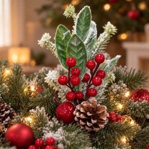Crenguță decorativă cu con de pin, fructe roșii și efect de zăpadă, 30cm - Img 7