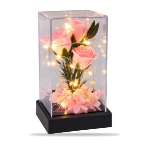 Cupolă cu trandafiri artificiali și lumină LED, roz, cu baterii, 16 cm - Img 3