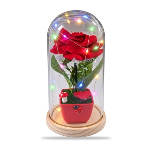 Cupolă decorativă cu trandafir roșu și leduri multicolore, suport din lemn, 20 cm - Img 2