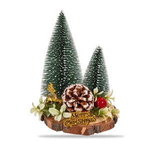 Decorațiune Crăciun de masă cu brăduți înzăpeziți pe bază din lemn natural, 16x9 cm - Img 2