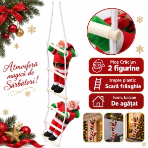 Decorațiune de Crăciun cu 2 Moș Crăciun pe scară, plastic și textil, 65 cm