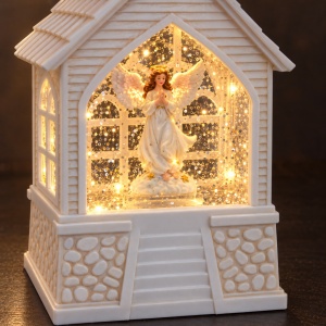 Decoratiune luminoasa de Crăciun cu muzica, model căsuță albă cu înger, 14x7 cm - Img 4