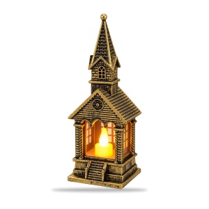 Felinar de Craciun cu Lumanare LED, Turn Biserica, Auriu Antichizat, 17,5 cm - Img 2