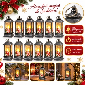 Felinar decorativ de Crăciun cu LED, buton ON/OFF, din plastic, set de 12 bucăți, 12,5x5,5cm