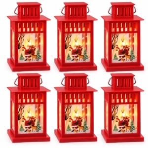 Felinar decorativ de Crăciun cu LED și muzică, set 6 bucăți, roșu, din plastic, 15x8 cm - Img 2