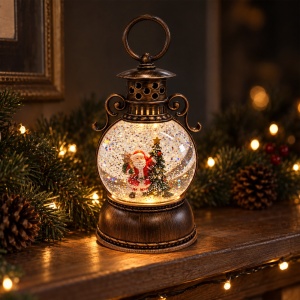 Felinar decorativ de Crăciun, cu lumini LED si muzica, 23x8 cm - Img 3