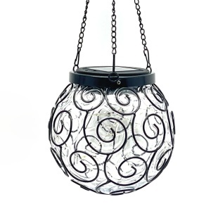 Felinar solar LED pentru grădină, metal și sticlă, negru, design spirală