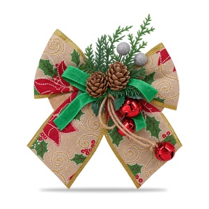 Fundă decorativă de Crăciun cu clopoței, conuri și crenguțe, pânză tip iută, 15x13cm - Img 2