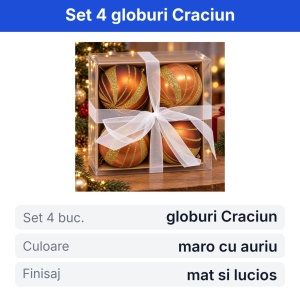 Globuri de Craciun, maro cu sclipici auriu, set 4 bucati pentru brad, 16x16x7cm - Img 2